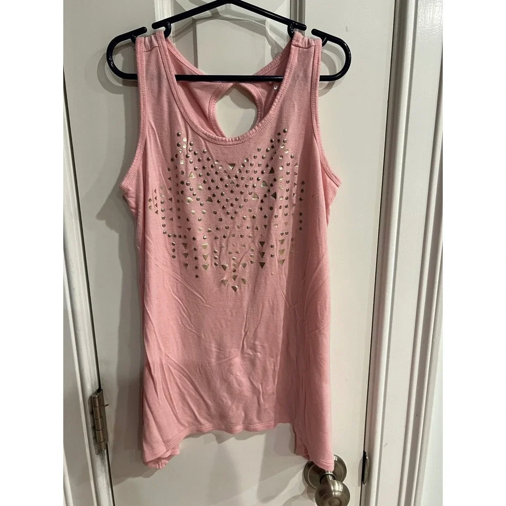 Justice Girls Pink Studded Heart Tank Top Sharkbite Hem Keyhole Back Size 10